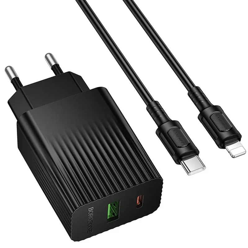 СЗУ Borofone BAS76A Source PD30W+QC3.0 (1USB-A/1C) + кабель Type-C to Lightning, Black 2, купить оптом с доставкой