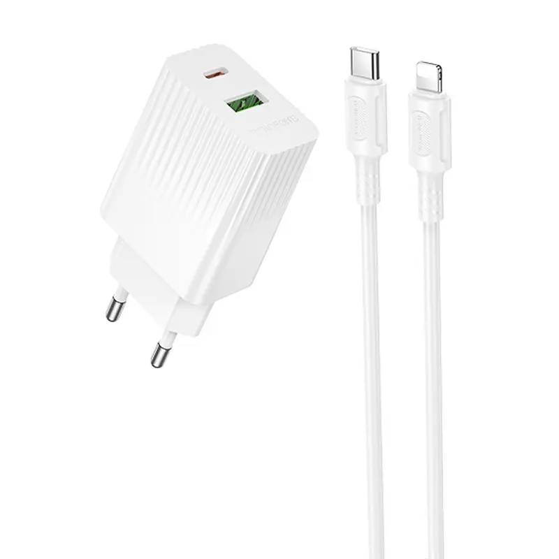 СЗУ Borofone BAS76A Source PD30W+QC3.0 (1USB-A/1C) + кабель Type-C to Lightning, White, купить оптом с доставкой