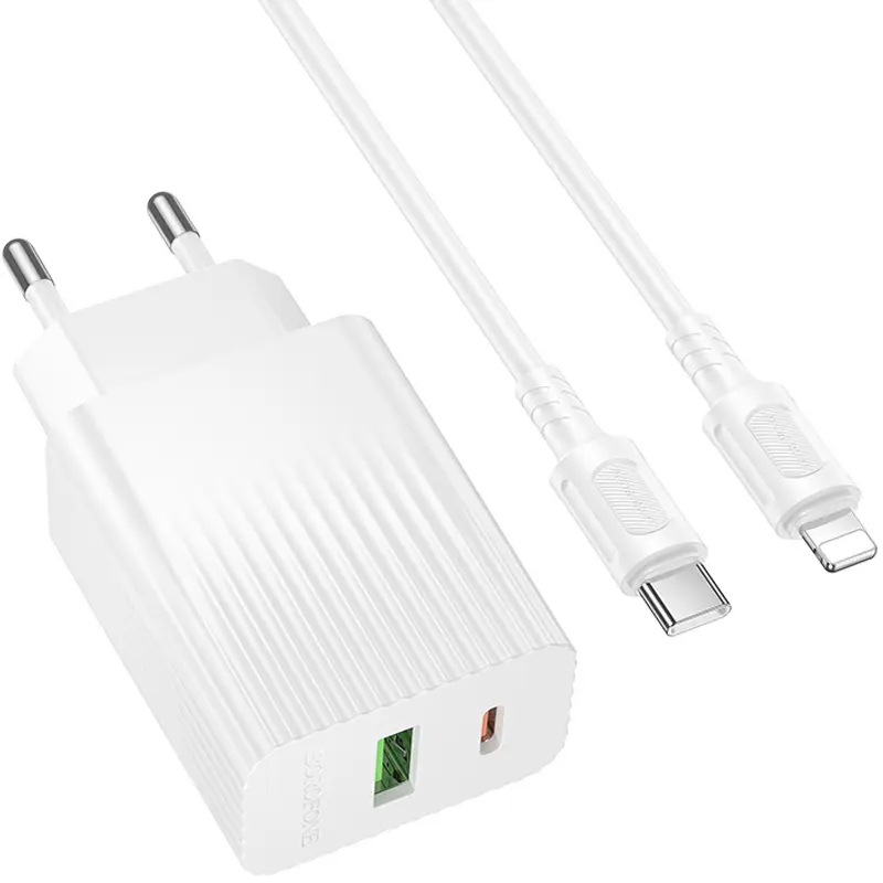 СЗУ Borofone BAS76A Source PD30W+QC3.0 (1USB-A/1C) + кабель Type-C to Lightning, White 2, купить оптом с доставкой