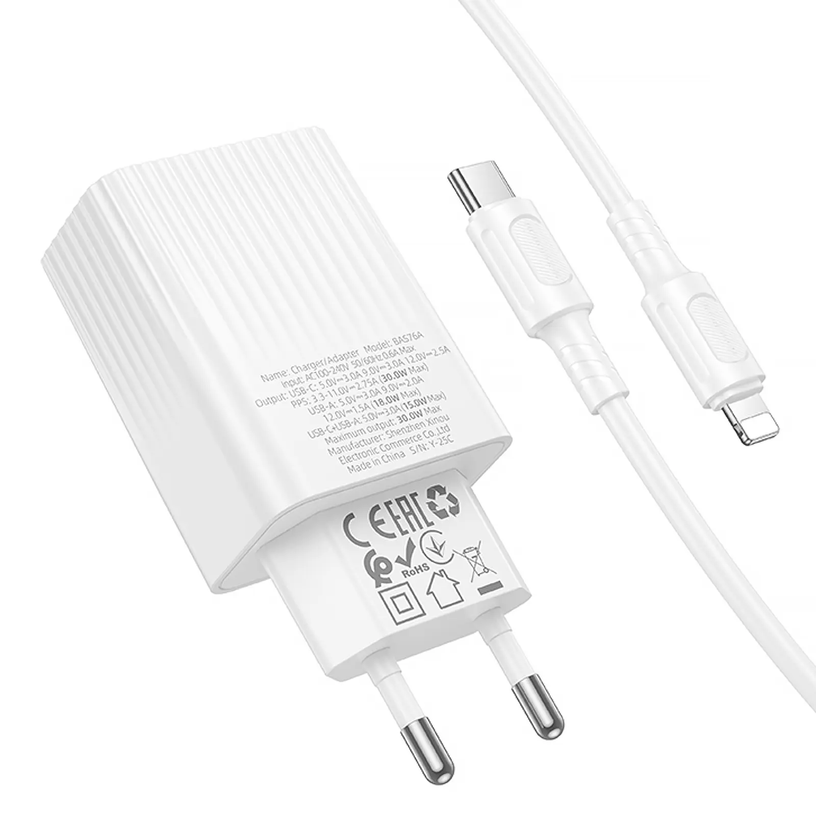 СЗУ Borofone BAS76A Source PD30W+QC3.0 (1USB-A/1C) + кабель Type-C to Lightning, White 4, купить оптом с доставкой