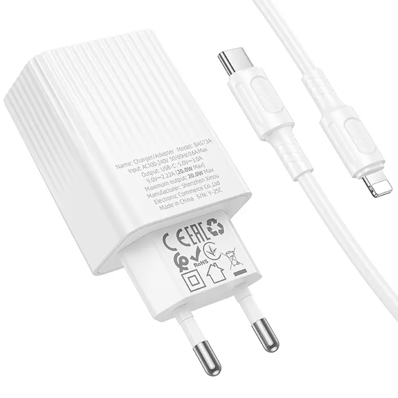 СЗУ Borofone BAS73A Source PD20W (1USB-C) + кабель Type-C to Lightning, White 3, купить оптом с доставкой