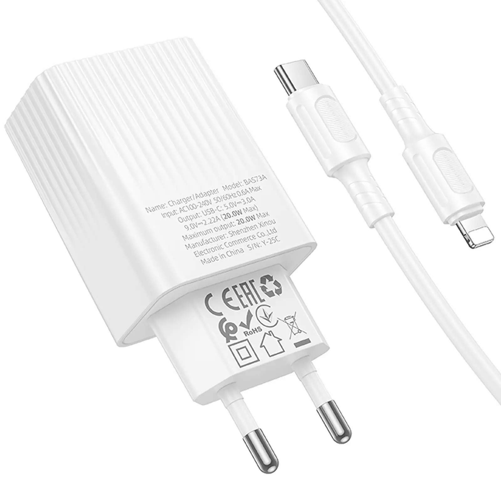СЗУ Borofone BAS73A Source PD20W (1USB-C) + кабель Type-C to Lightning, White 3, купить оптом с доставкой