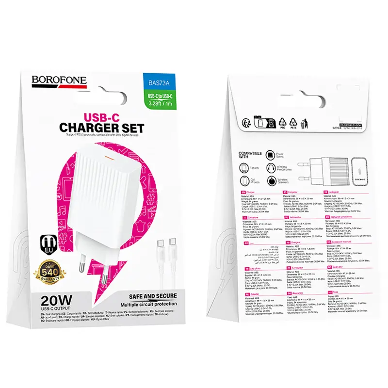 СЗУ Borofone BAS73A Source PD20W (1USB-C) + кабель Type-C to Type-C, White 1, купить оптом с доставкой