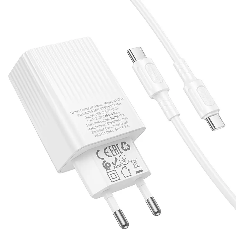 СЗУ Borofone BAS73A Source PD20W (1USB-C) + кабель Type-C to Type-C, White 4, купить оптом с доставкой