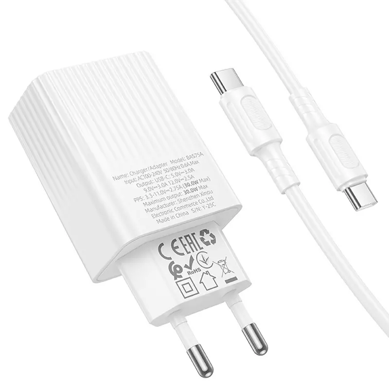 СЗУ Borofone BAS75A Source PD30W (1USB-C) + кабель Type-C to Type-C, White 4, купить оптом с доставкой