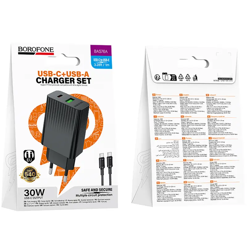 СЗУ Borofone BAS76A Source PD30W+QC3.0 (1USB-A/1C) + кабель Type-C to Type-C, Black 1, купить оптом с доставкой