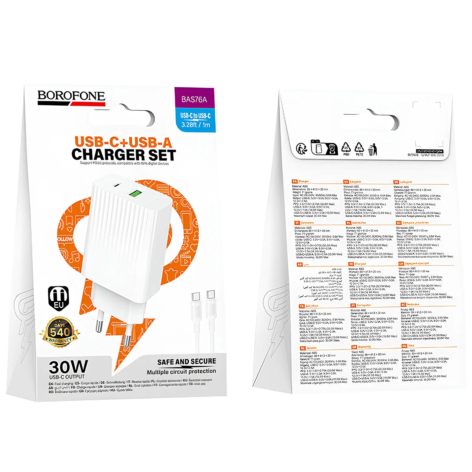 СЗУ Borofone BAS76A Source PD30W+QC3.0 (1USB-A/1C) + кабель Type-C to Type-C, White 2, купить оптом с доставкой
