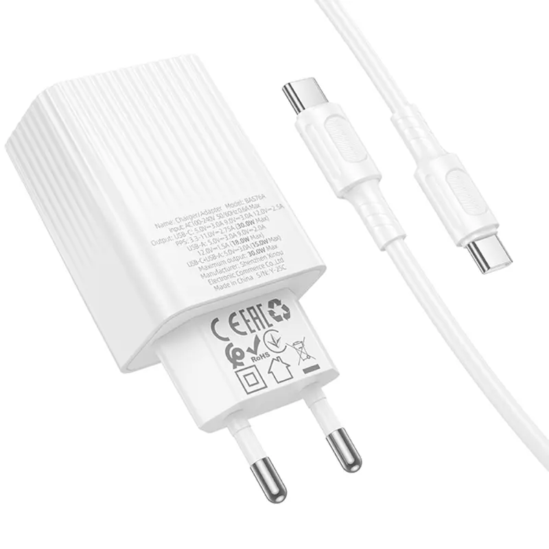 СЗУ Borofone BAS76A Source PD30W+QC3.0 (1USB-A/1C) + кабель Type-C to Type-C, White 4, купить оптом с доставкой