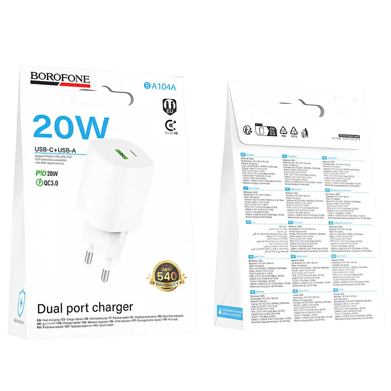 МЗП Borofone BA104A Pudding PD20W+QC3.0 (1USB-A/1C), White 5, купити оптом з доставкою