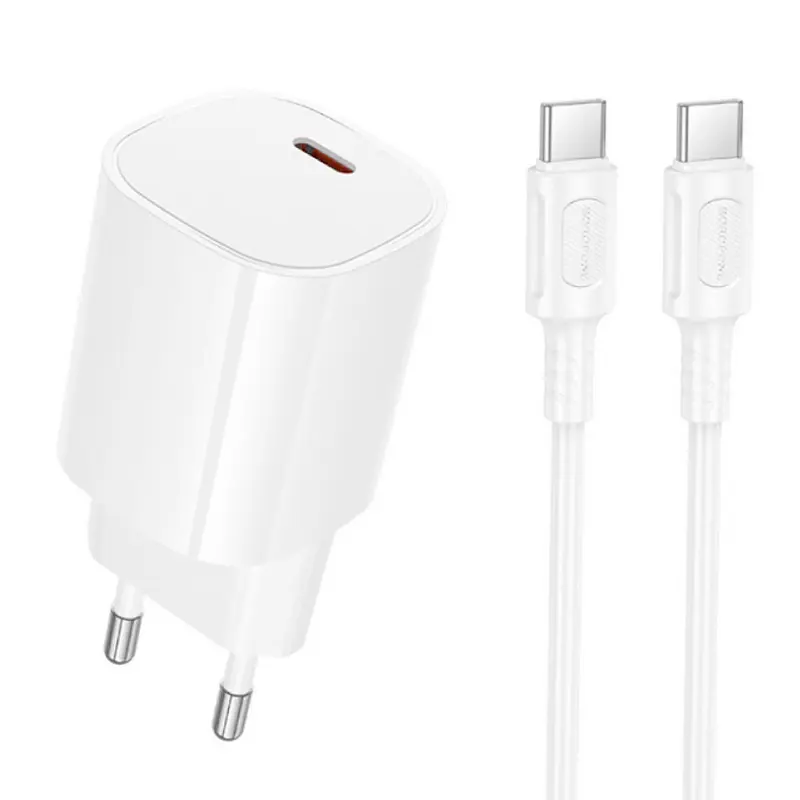 СЗУ Borofone BA103A Pudding PD20W (1USB-C) + кабель Type-C to Type-C, White, купить оптом с доставкой