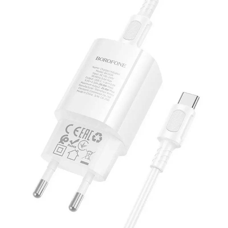СЗУ Borofone BA103A Pudding PD20W (1USB-C) + кабель Type-C to Type-C, White 3, купить оптом с доставкой
