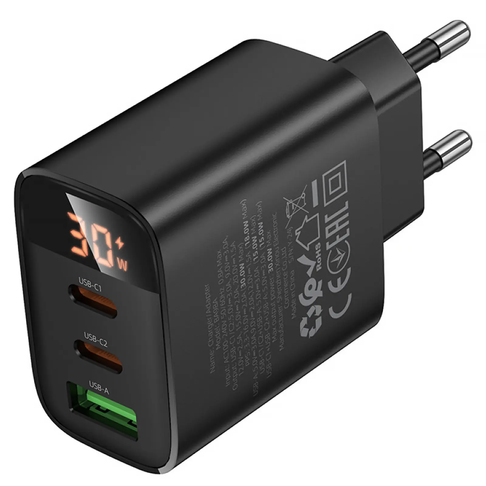 МЗП Borofone BA98A Ilustre with digital display PD30W (1USB-A/2C), Black 6, купити оптом з доставкою