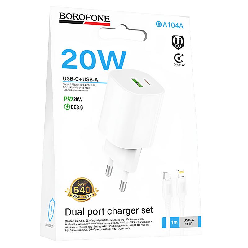 МЗП Borofone BA104A Pudding PD20W+QC3.0 (1USB-A/1C) + кабель Type-C to Lightning на малюнкі №2