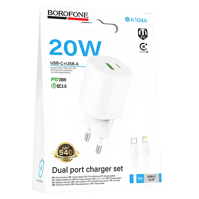 СЗУ Borofone BA104A Pudding PD20W+QC3.0 (1USB-A/1C) + кабель Type-C to Lightning, White 1, купить оптом с доставкой