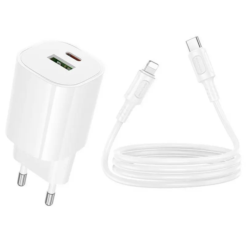 СЗУ Borofone BA104A Pudding PD20W+QC3.0 (1USB-A/1C) + кабель Type-C to Lightning, White 2, купить оптом с доставкой