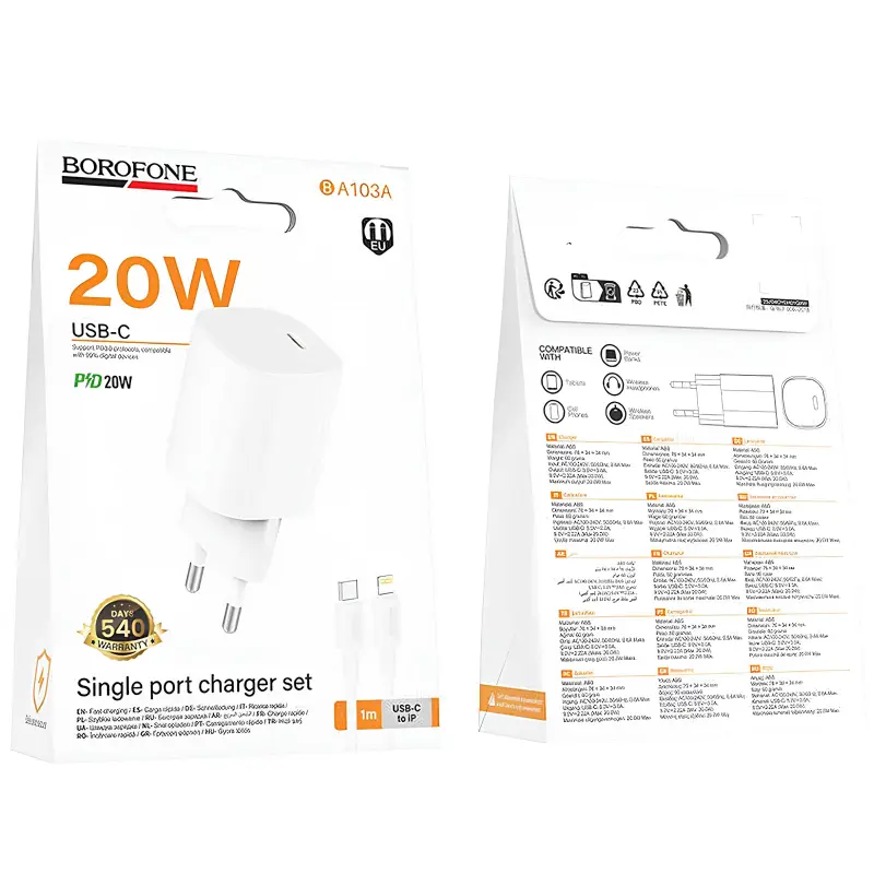 СЗУ Borofone BA103A Pudding PD20W (1USB-C) + кабель Type-C to Lightning, White 1, купить оптом с доставкой