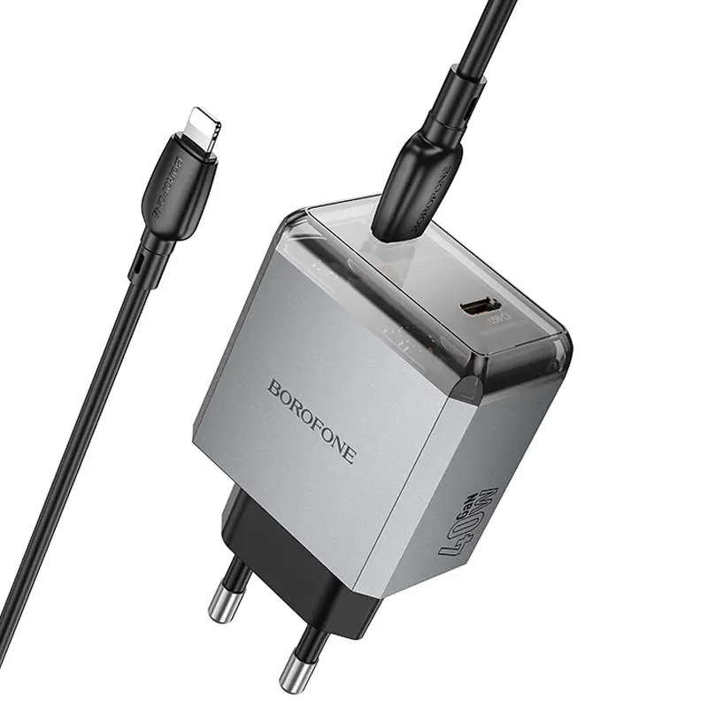 СЗУ Borofone BN21 Lena PD40W+QC3.0 (2USB-C) + кабель Type-C to Lightning, Metal gray 2, купить оптом с доставкой