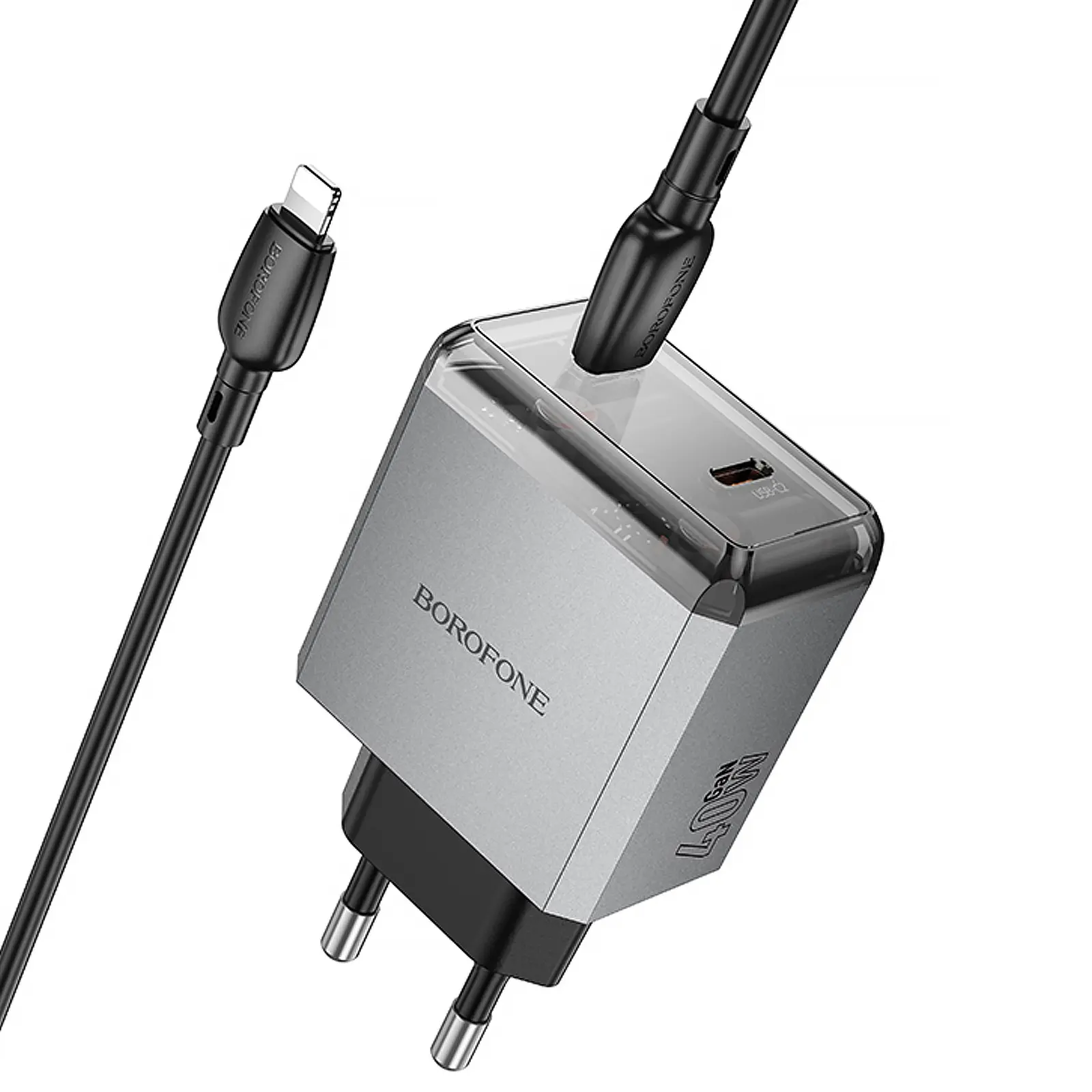 СЗУ Borofone BN21 Lena PD40W+QC3.0 (2USB-C) + кабель Type-C to Lightning, Metal gray 2, купить оптом с доставкой