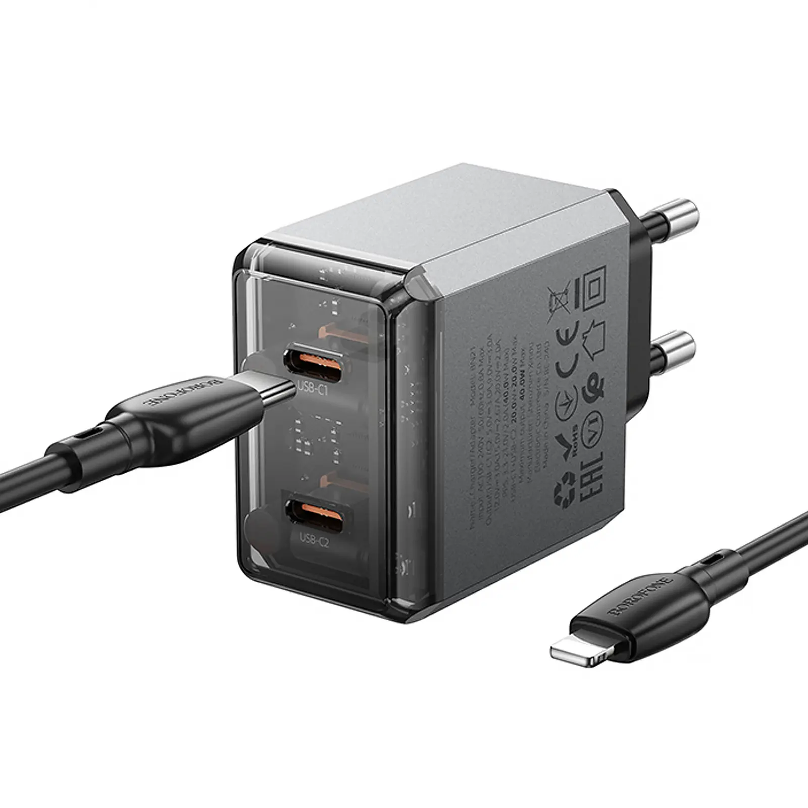 СЗУ Borofone BN21 Lena PD40W+QC3.0 (2USB-C) + кабель Type-C to Lightning, Metal gray 3, купить оптом с доставкой
