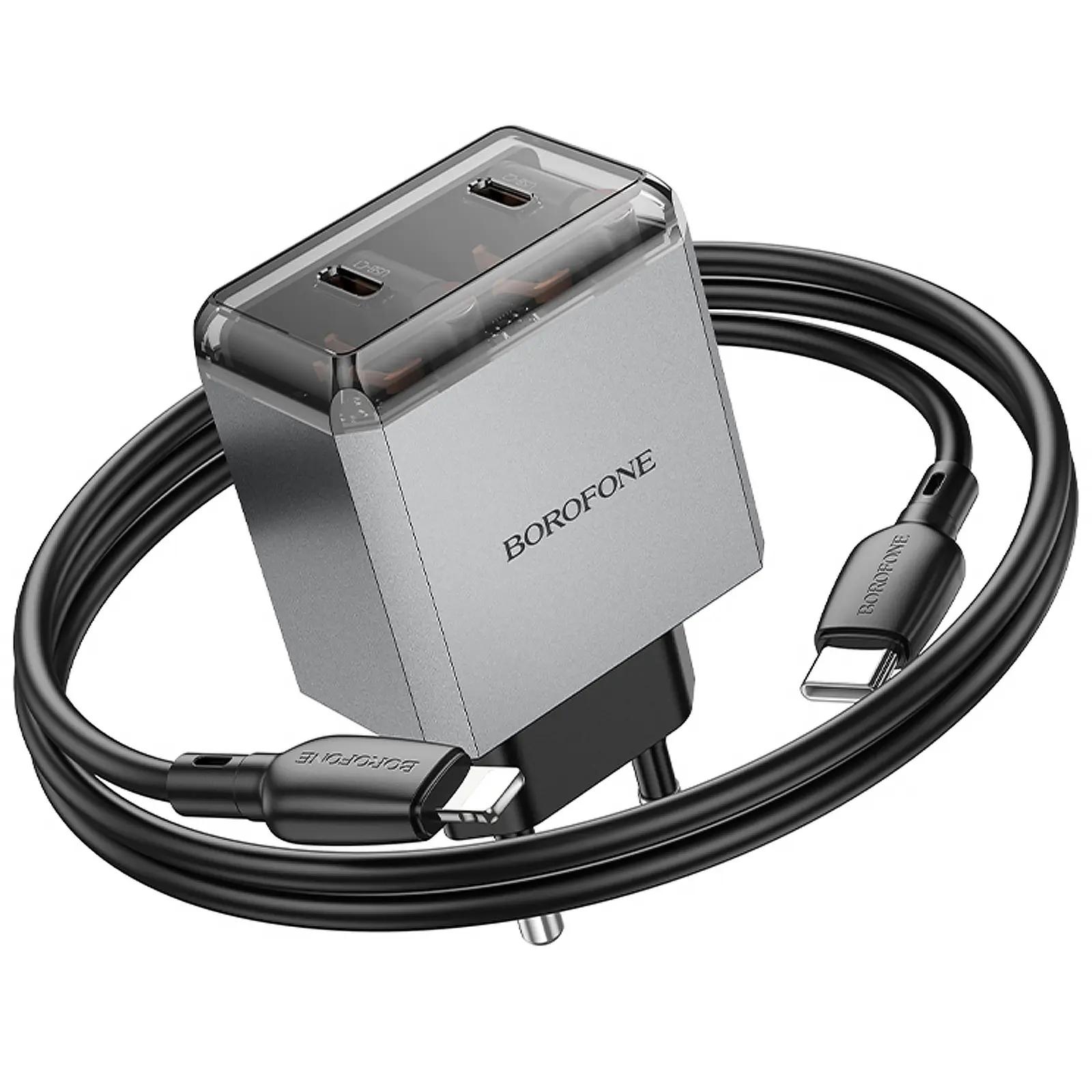 СЗУ Borofone BN21 Lena PD40W+QC3.0 (2USB-C) + кабель Type-C to Lightning, Metal gray 5, купить оптом с доставкой