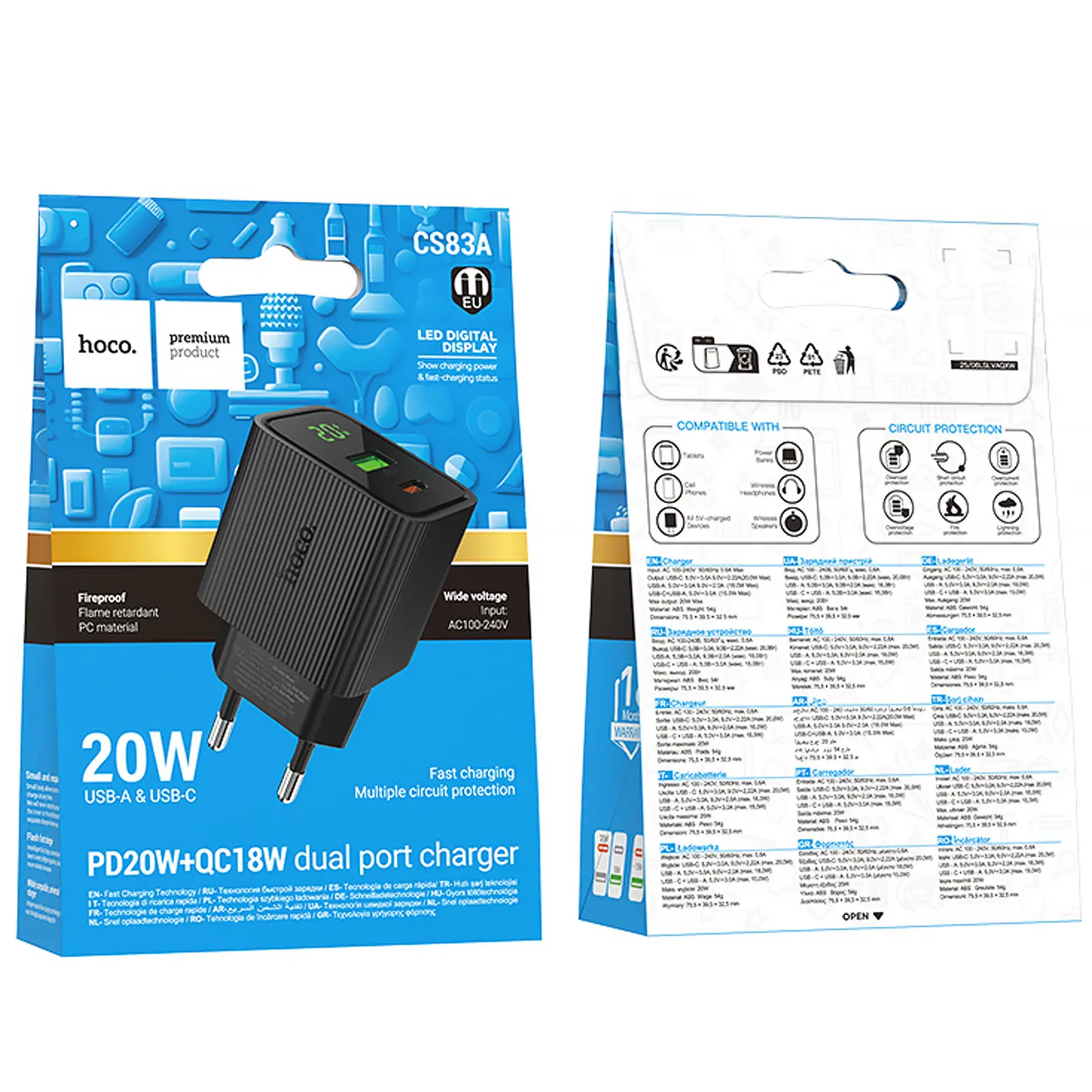 СЗУ Hoco CS83A Excellent with digital display PD20W+QC3.0 (1USB-A/1C), Black 1, купить оптом с доставкой