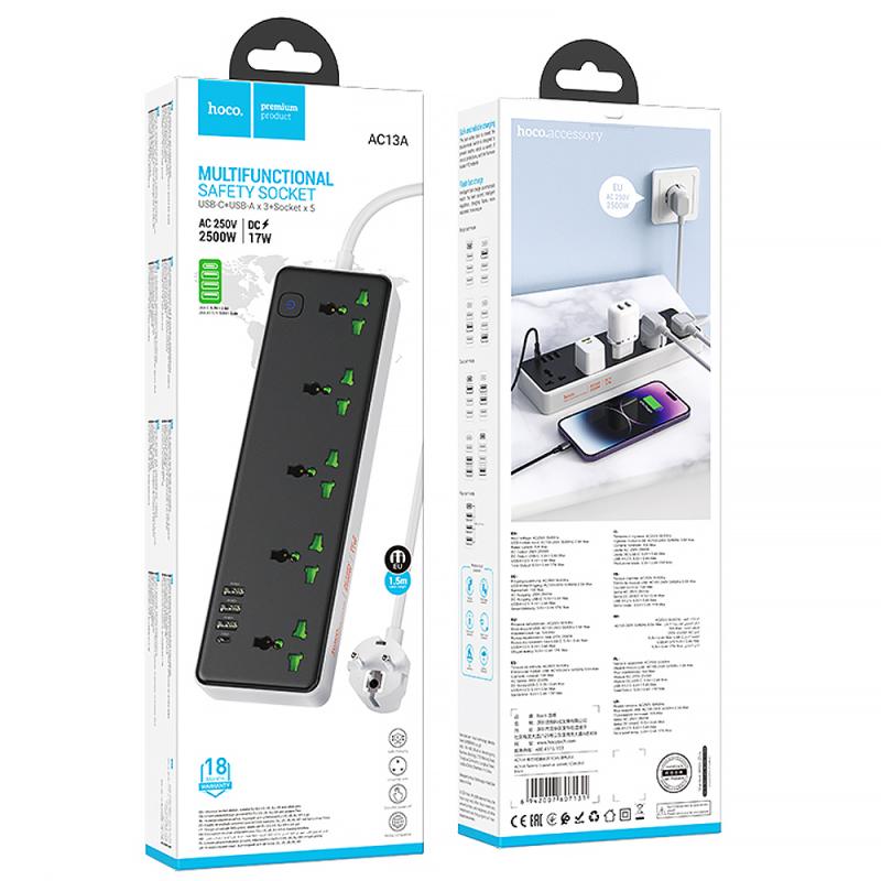 Подовжувач Hoco AC13A Safety Socket (3USB-A/1C/5xSocket) (1.5m) на малюнкі №4