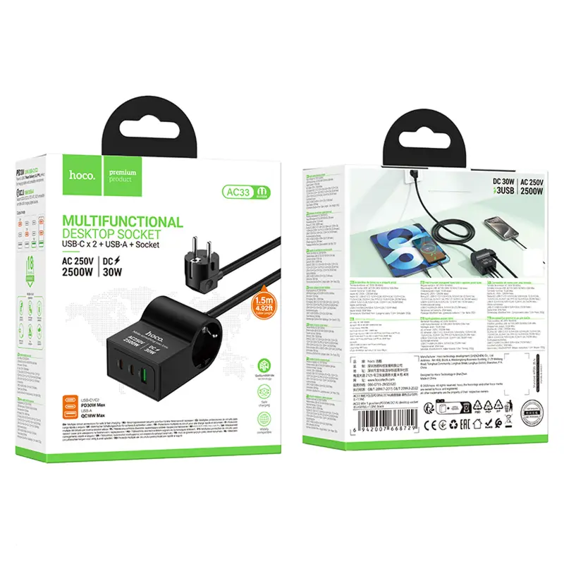 СЗУ Hoco AC33 Win 1 position 30W QC+PD (1USB-A/2C/1Socket) (1.5m), Black 1, купить оптом с доставкой