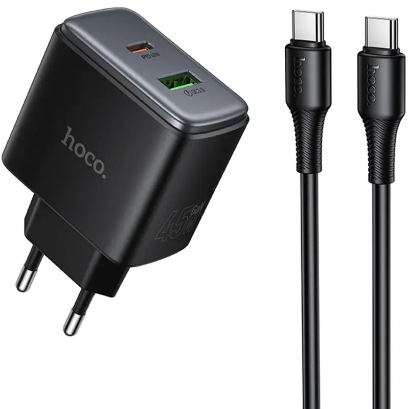 МЗП Hoco C158A Upgrade PD45W (1USB-A/1C) + кабель Type-C to Type-C, Black, купити оптом з доставкою