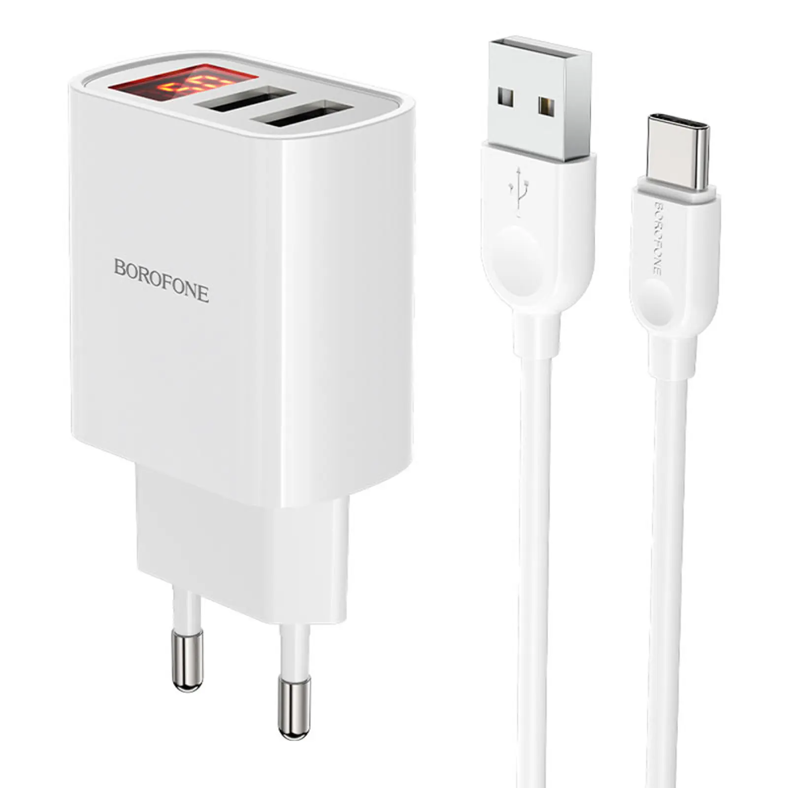 СЗУ Borofone BA58A with digital display 2.4A (2USB-A) + кабель USB to Type-C, White, купить оптом с доставкой