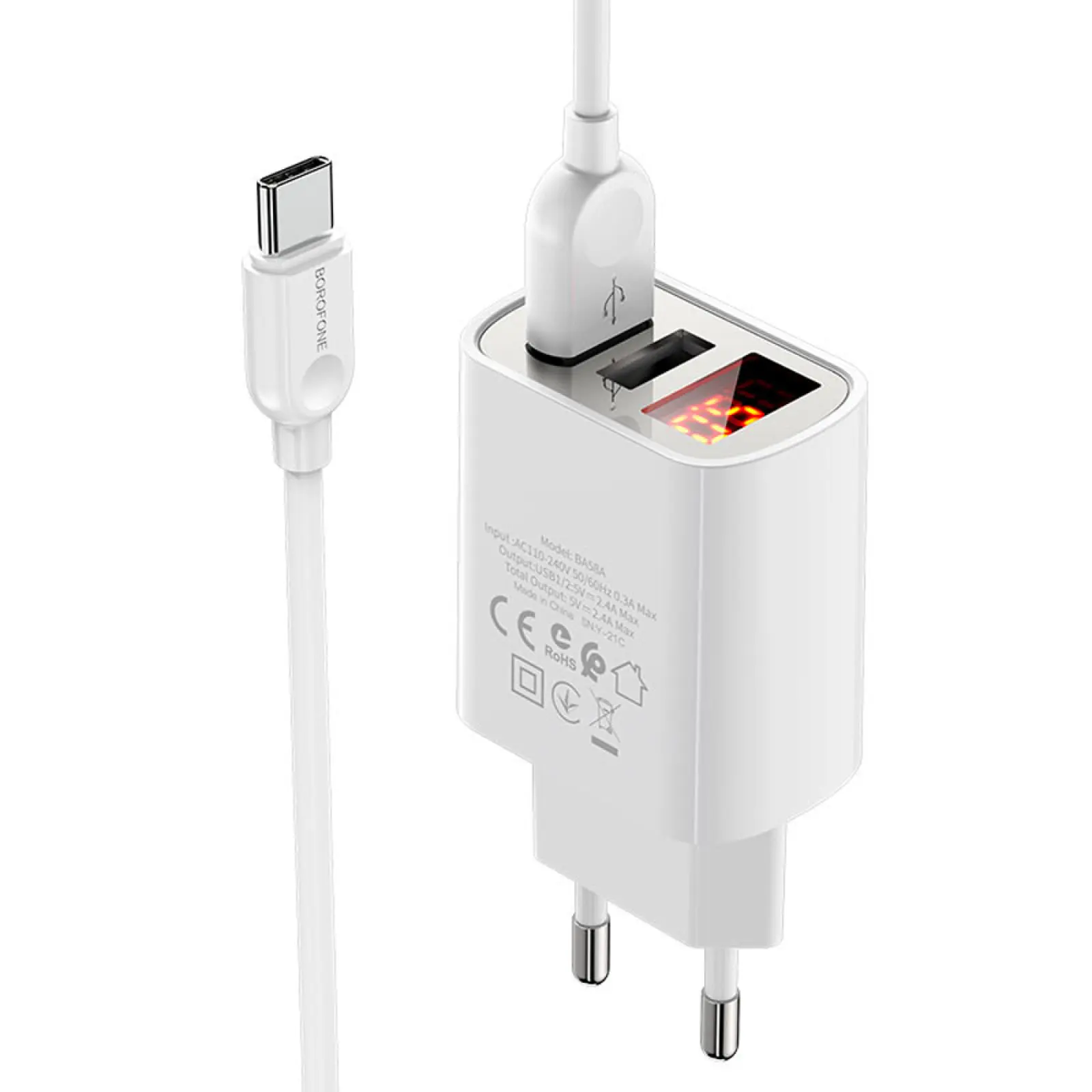 СЗУ Borofone BA58A with digital display 2.4A (2USB-A) + кабель USB to Type-C, White 4, купить оптом с доставкой