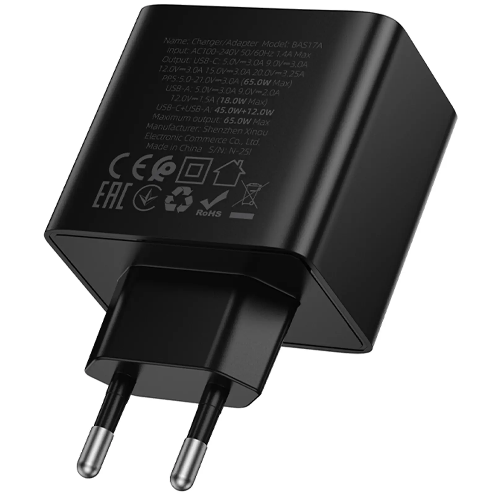 СЗУ Borofone BAS17A Erudite PD65W+QC3.0 (1USB-A/1C), Black 4, купить оптом с доставкой