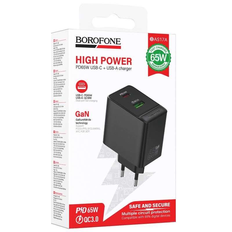 СЗУ Borofone BAS17A Erudite PD65W+QC3.0 (1USB-A/1C) на картинке №6