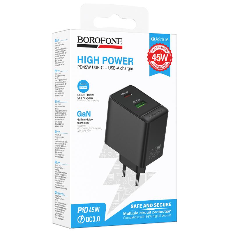 СЗУ Borofone BAS16A Erudite PD45W+QC3.0 (1USB-A/1C) на картинке №2