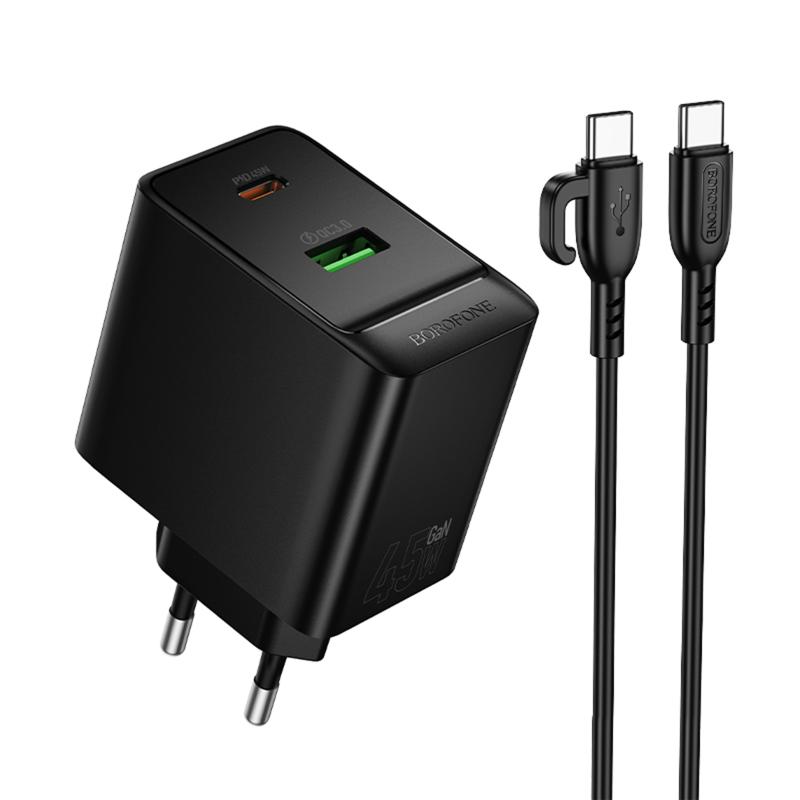 СЗУ Borofone BAS16A Erudite PD45W+QC3.0 (1USB-A/1C) + кабель Type-C to Type-C на картинке №1