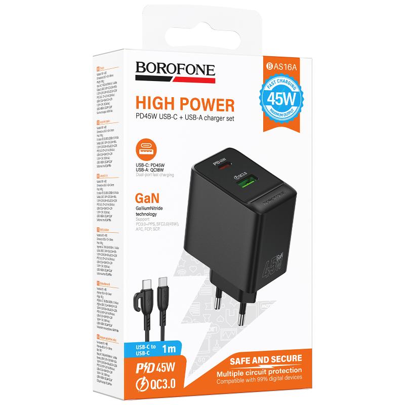 СЗУ Borofone BAS16A Erudite PD45W+QC3.0 (1USB-A/1C) + кабель Type-C to Type-C на картинке №2