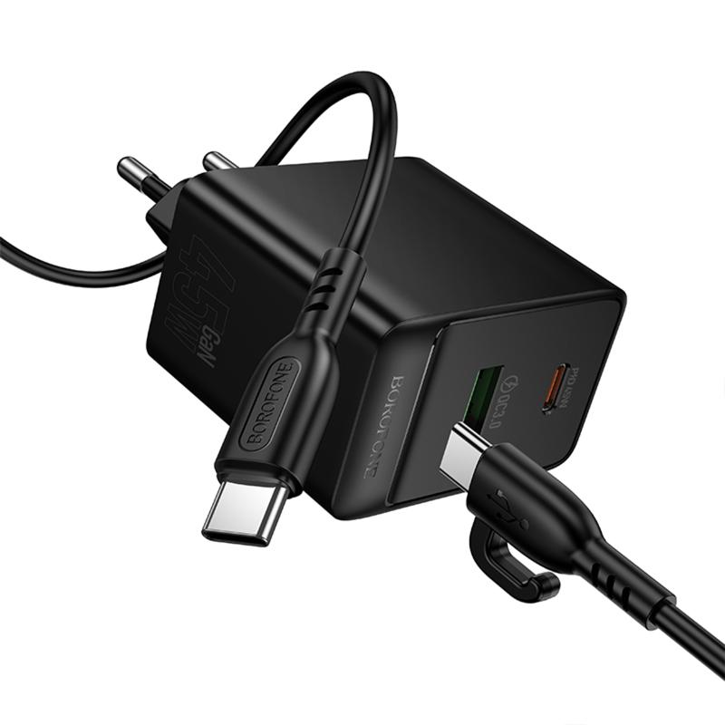 СЗУ Borofone BAS16A Erudite PD45W+QC3.0 (1USB-A/1C) + кабель Type-C to Type-C на картинке №3