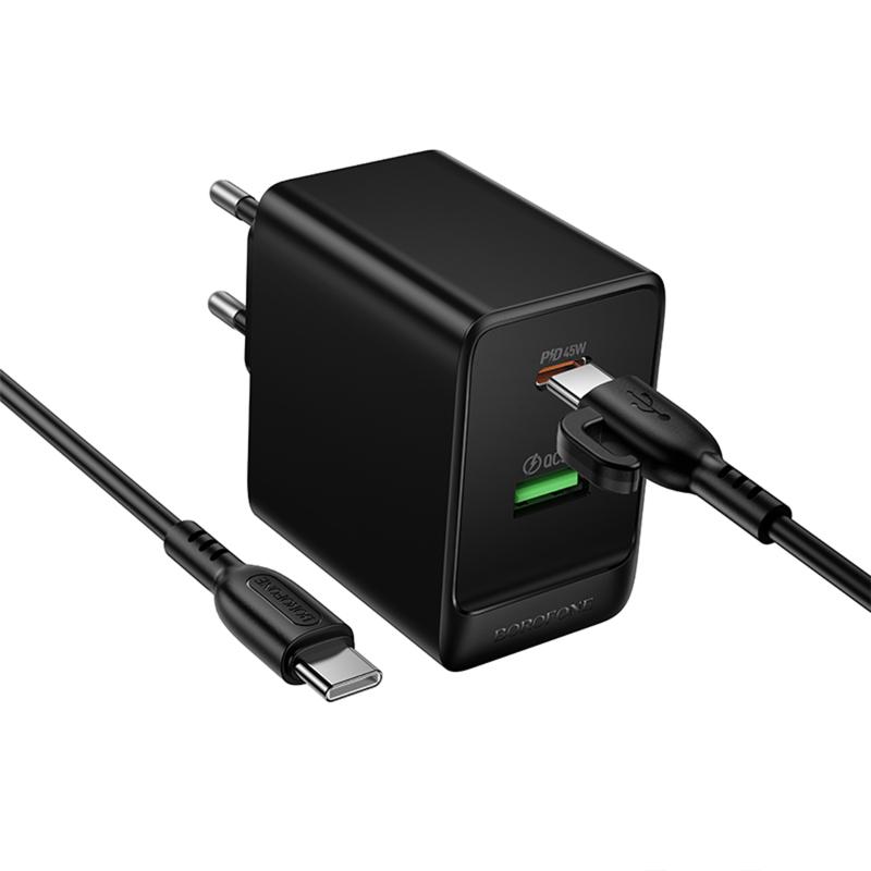 СЗУ Borofone BAS16A Erudite PD45W+QC3.0 (1USB-A/1C) + кабель Type-C to Type-C на картинке №5