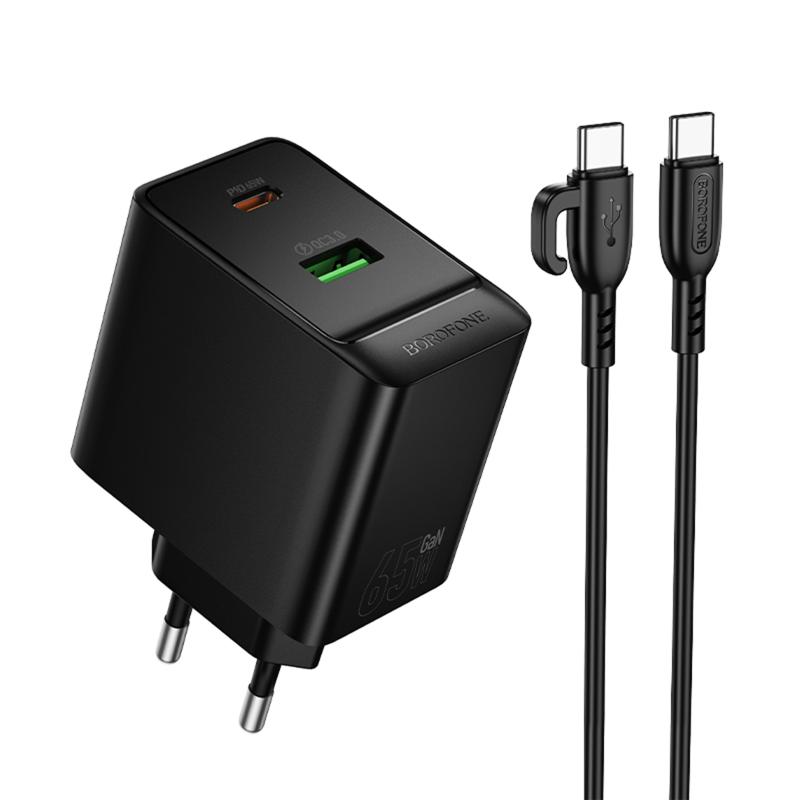 МЗП Borofone BAS17A Erudite PD65W+QC3.0 (1USB-A/1C) + кабель Type-C to Type-C на малюнкі №1