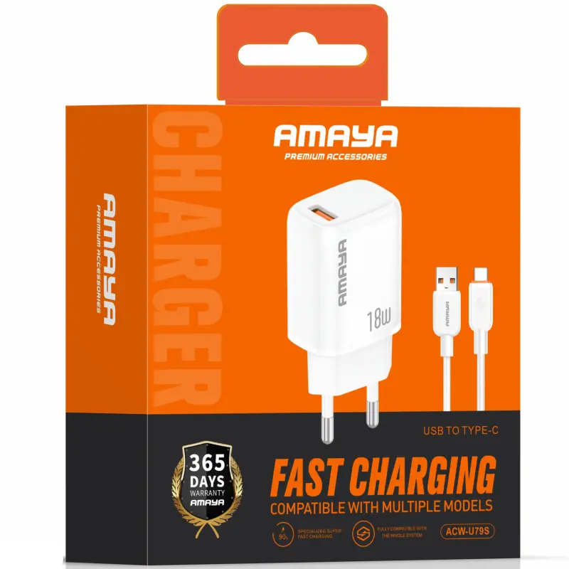 СЗУ Amaya U79S QC3.0 18W (1USB-A) + кабель USB to Type-C, White 1, купить оптом с доставкой