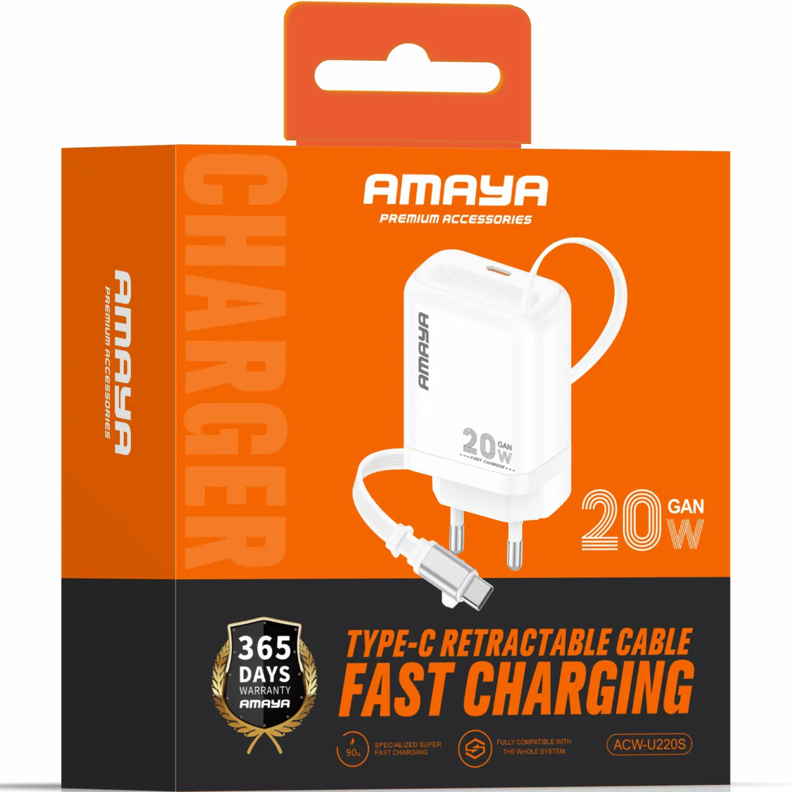 СЗУ Amaya E220S PD20W GaN (1USB-C) + Retractable Cable Type-C, White 1, купить оптом с доставкой