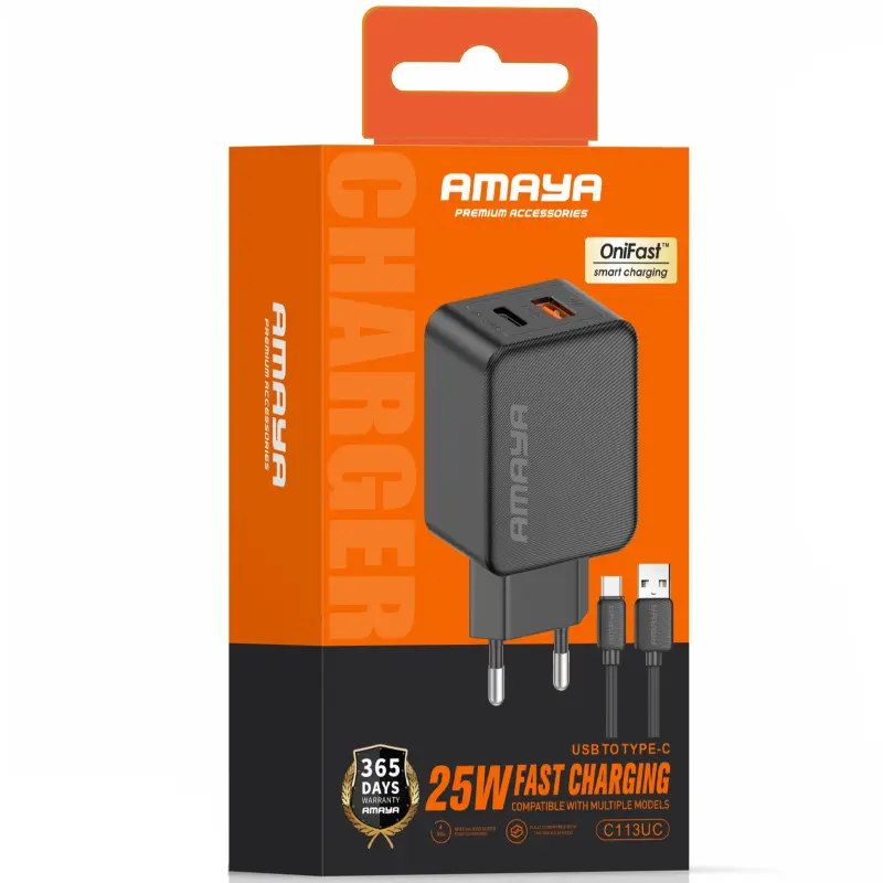 СЗУ Amaya E113UC PD25W+QC3.0 (1USB-A/1C) + кабель USB to Type-C, Black 1, купить оптом с доставкой