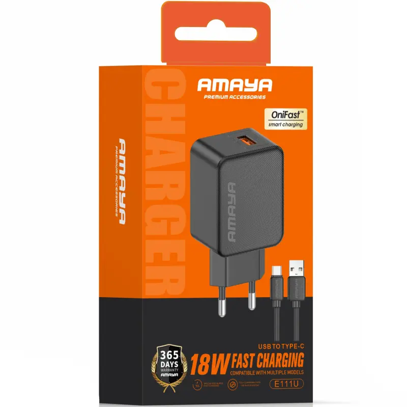 СЗУ Amaya E111U QC3.0 18W (1USB-A) + кабель USB to Type-C, Black 1, купить оптом с доставкой