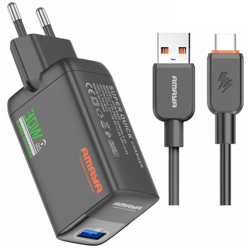 МЗП Amaya E82D QC3.0 30W (1USB-A) + кабель USB to Type-C на малюнкі №1