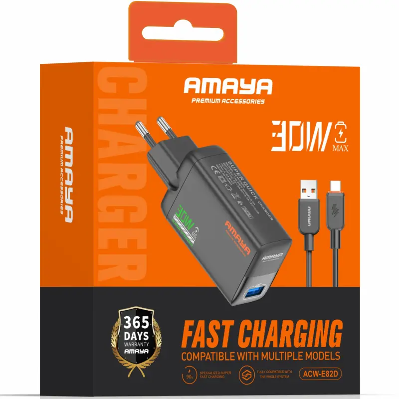МЗП Amaya E82D QC3.0 30W (1USB-A) + кабель USB to Type-C, Black 1, купити оптом з доставкою