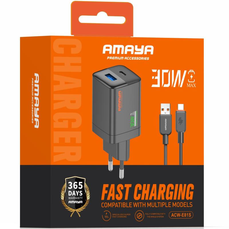 СЗУ Amaya E81S PD30W+QC3.0 (1USB-A/1C) + кабель USB to Type-C на картинке №2
