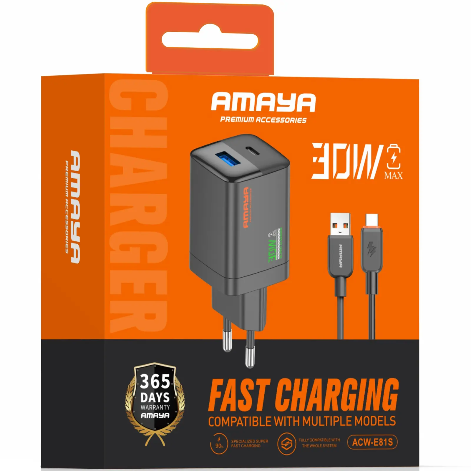 СЗУ Amaya E81S PD30W+QC3.0 (1USB-A/1C) + кабель USB to Type-C, Black 1, купить оптом с доставкой