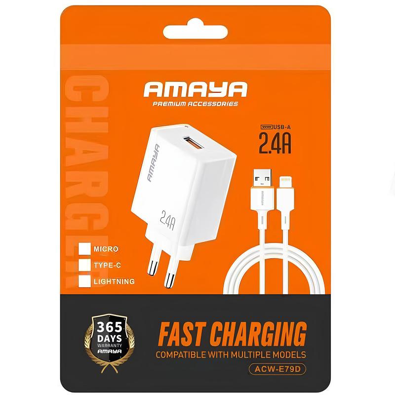 СЗУ Amaya E79D 2.4A (1USB-A) + кабель USB to Lightning на картинке №2