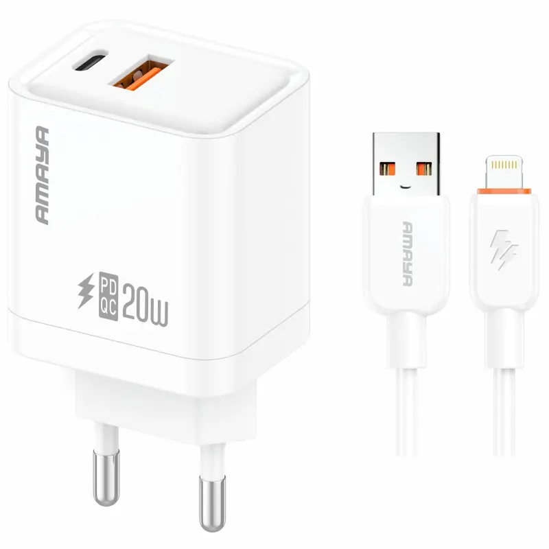 СЗУ Amaya E77D PD20W+QC3.0 (1USB-A/1C) + кабель USB to Lightning, White, купить оптом с доставкой