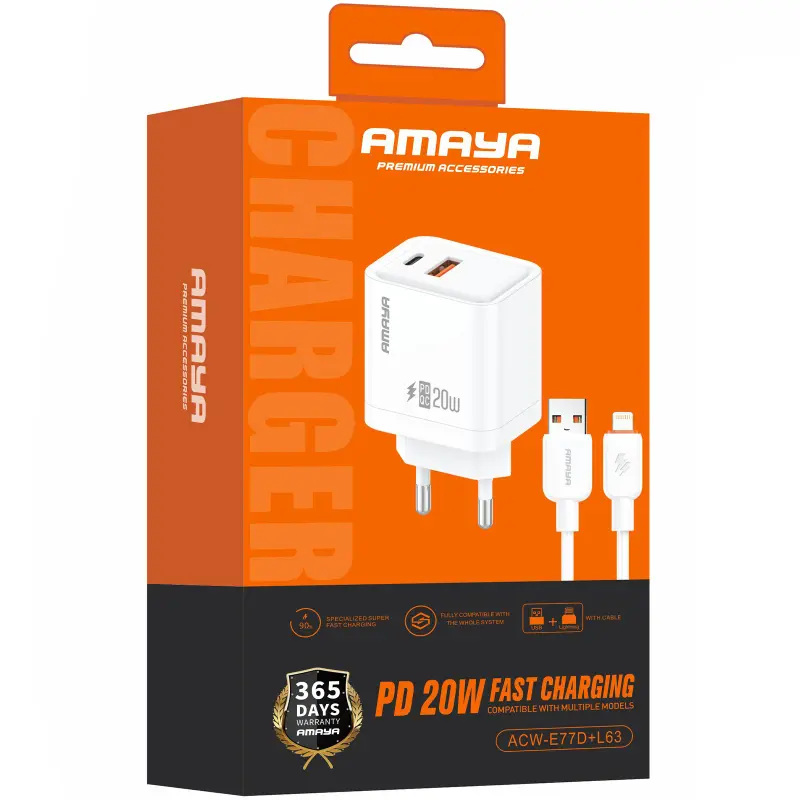 СЗУ Amaya E77D PD20W+QC3.0 (1USB-A/1C) + кабель USB to Lightning, White 1, купить оптом с доставкой