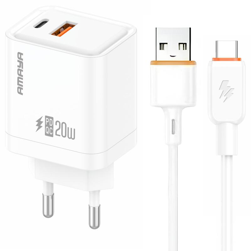 МЗП Amaya E77D PD20W+QC3.0 (1USB-A/1C) + кабель USB to Type-C на малюнкі №1